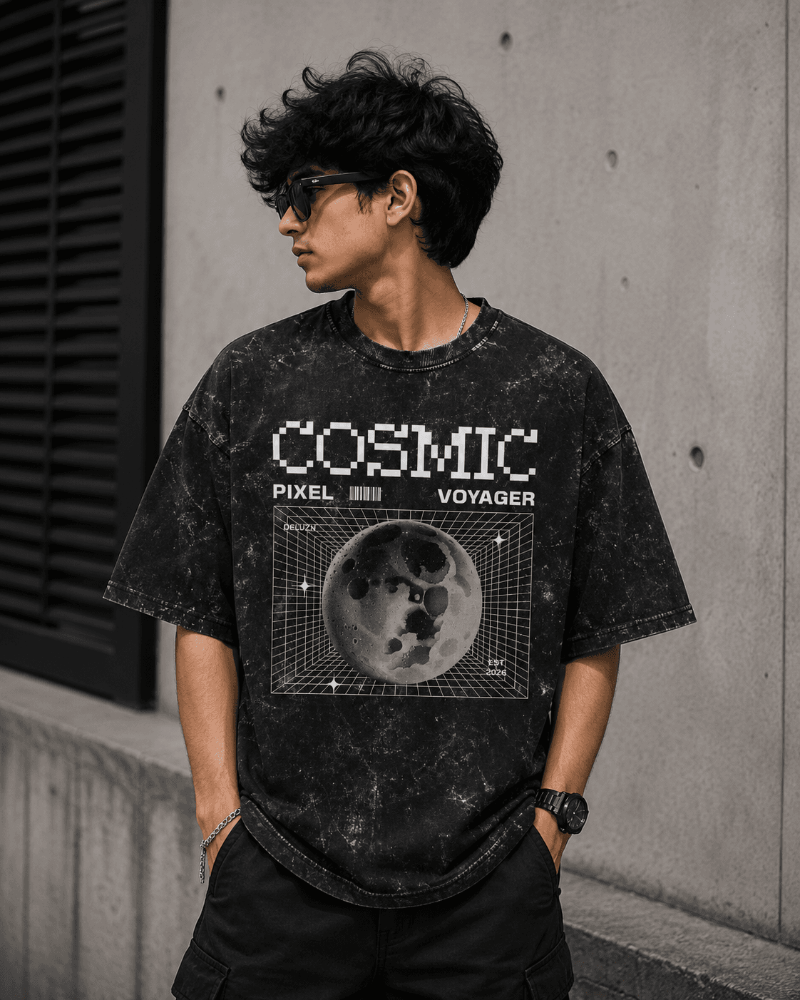 DELUZN Unisex Cosmic Pixel Voyager Acid Wash Oversized T-Shirt - view 1
