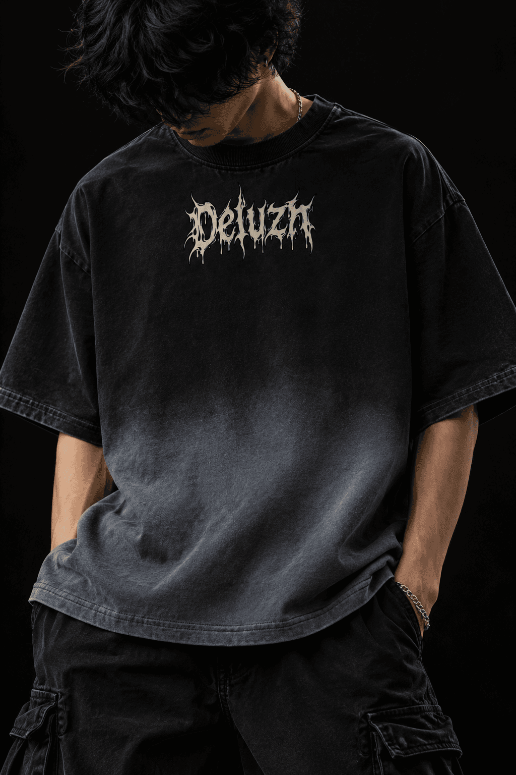 Deluzn Voidborn Black Ombre Washed Boxy Oversized Graphic T-Shirt - view 3